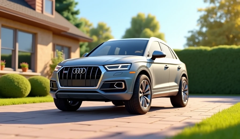 Im Stil von Pixar 3D-Animation filmen (Caricature). A grey Audi SQ5 stands in a driveway.