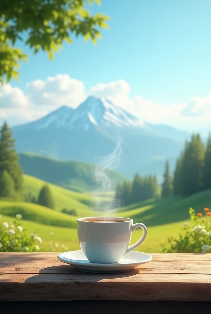 Make a cup of coffee on a table in front of you. To a landscape