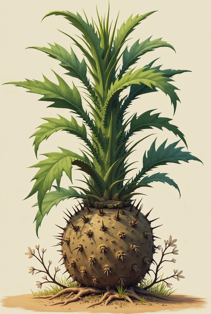 Create a medium-sized angiosperm plant with the following characteristics: middle root, big, strong and resistant, capable of storing large amounts of water and nutrients, and resistant to toxins. The stem should be of medium thickness, be covered in sharp thorns, and have a hard, thick shell. The leaves are small, serous, needle-shaped and covered in hair, with high efficiency in water retention and photosynthesis. The flowers are small and white. The fruits are large, grow towards the root, have light coloring, are tasty and rich in nutrients. The seeds are sweet, but poisonous.