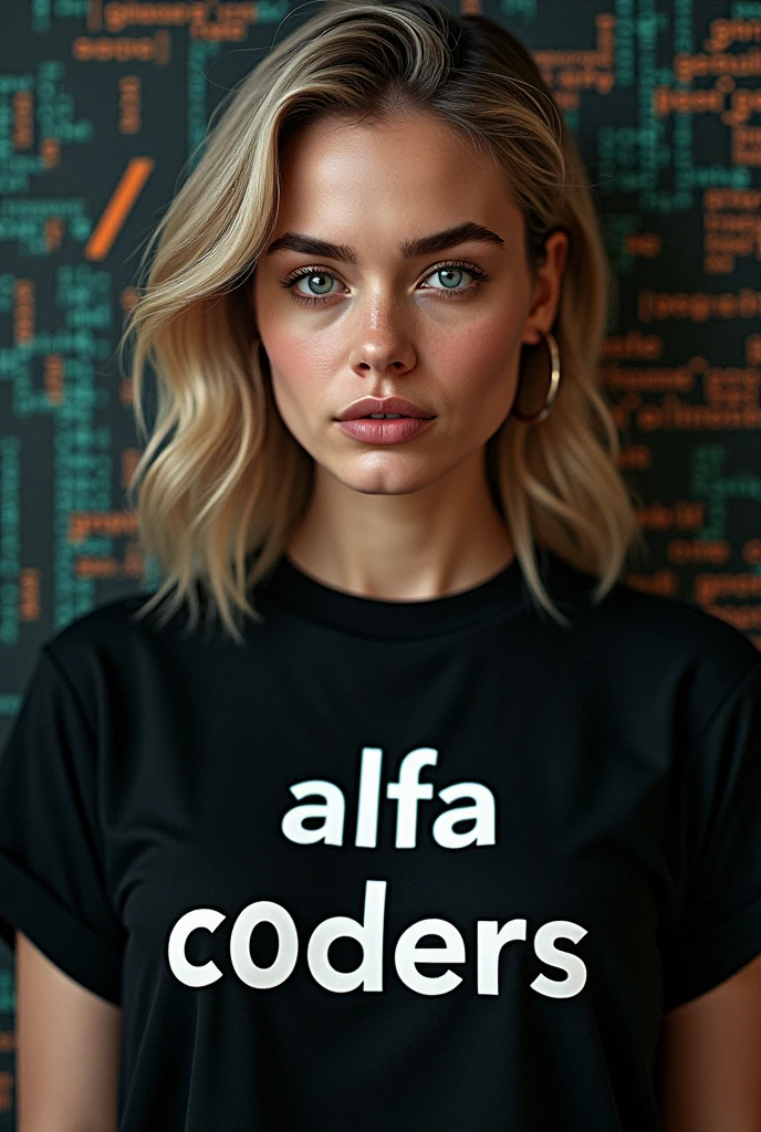 a detailed portrait of Margot Robbie con una camiseta con el texto "Alfa C0ders" with a background of Python and JavaScript programming themes, highly detailed, photorealistic, cinematic lighting, dramatic composition, digital art