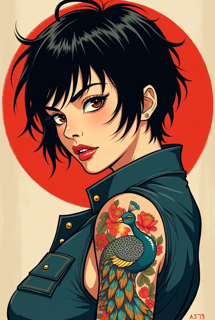 raven hair, short and rebellious, Framing a porcelain face. dark brown eyes, Almond-shaped and deep, under thick eyebrows that accentuate his intense gaze. A prominent nose and a mole near the mouth complete her exotic features.. A Japanese peacock tattoo, in neotraditional style, unfolds on his arm, contrasting with the rigidity of his pilot uniform. Her figure is slim and stylized., suggesting an agility that contrasts 90s pop art comic

