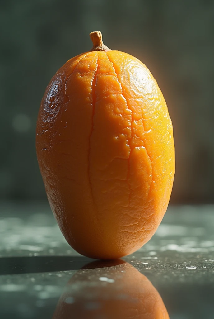 A mango reflected in the mirror but only the pit showing delkaa