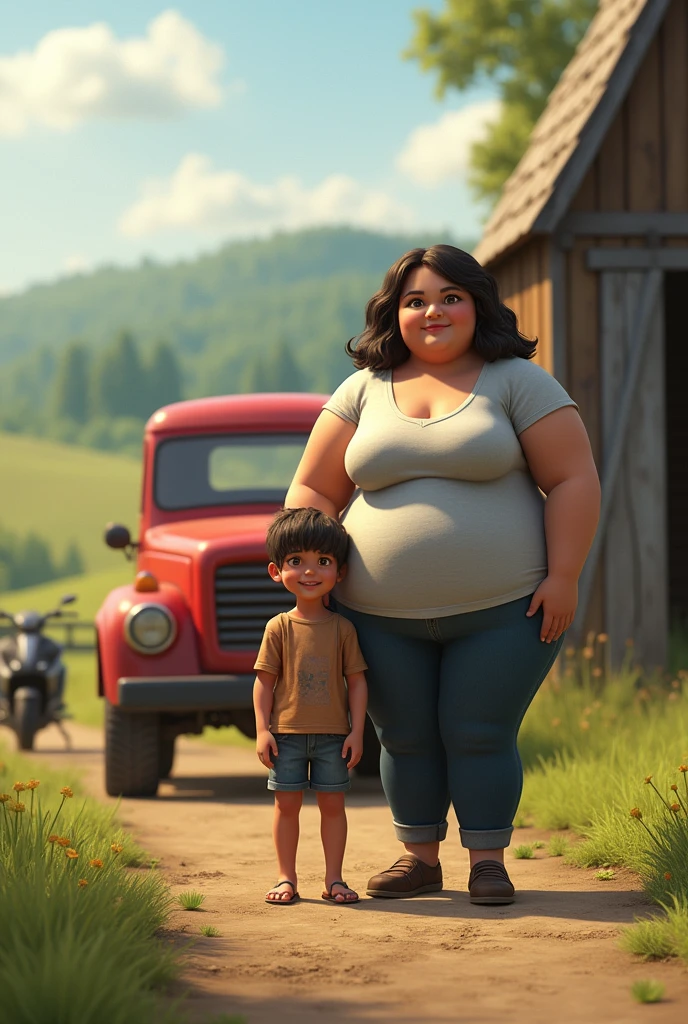 A thin boy next to a chubby young woman on a farm and a red truck and a black motorcycle