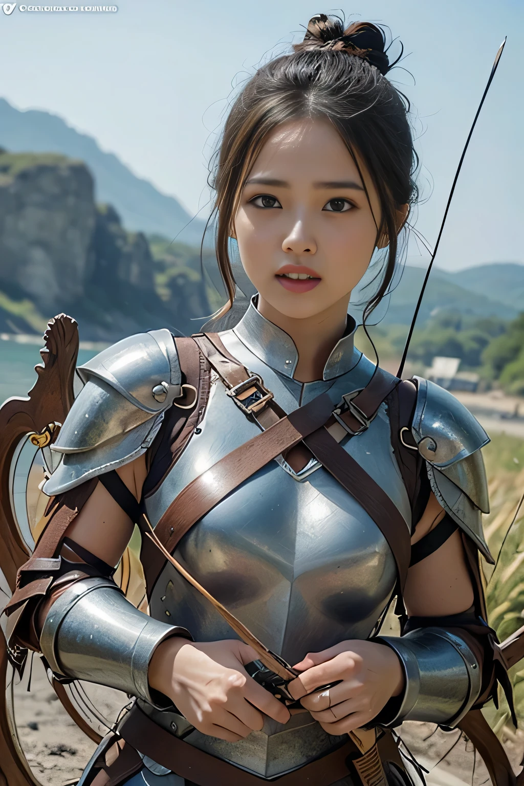 8k,A female adventurer from another world,so beautiful(Like the real thing),((Girl in leather armor:1.4)),((Woman with brown double hair bun:1.4)),blue eyes,((Woman shooting with a stone crossbow:1.5))、A woman with brown combat trousers,Dagger on hip,Walking in mountainous areas,Perfect Face,Perfect hand shape,charm,Volume measurement,Body balance,超High resolution,super Realistic skin,Digital single-lens reflex camera, Soft lighting, high quality, Highly detailed face, Highly detailed eyes, highly detailed skin, skin, Scattered beneath the surface of the water, Highly detailed face, Highly detailed eyes, Beautiful expression, lip, Detailed Background, Written boundary depth, Small breasts、Volumetric lighting, Sharp focus, Absurd, Realistic proportions, Excellent anatomy, (Realistic, 超Realistic:1.4), 16k hdr, dawn,High resolution,super Realistic skin,super Beautiful expression,Fantasy art,Character Art,Dynamic pose,Compensate,Brown cloak,((Carrying a big bow:1.4)),