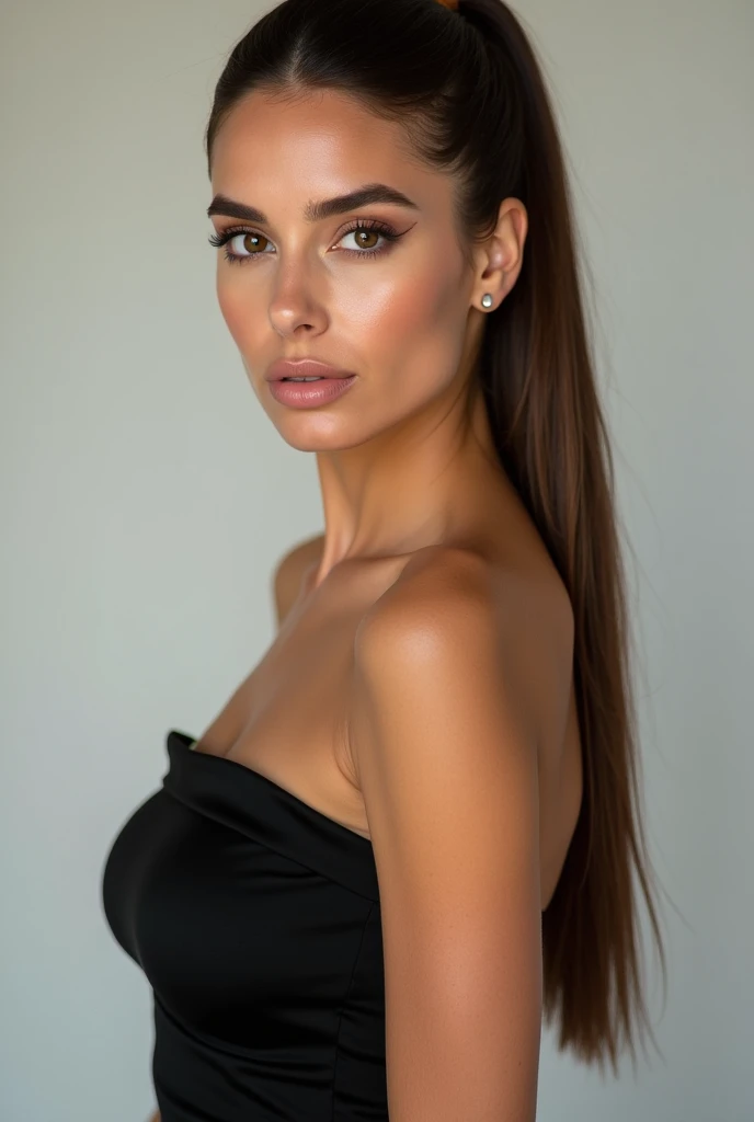 A very realistic and detailed photo of beautiful italian woman, black skirt , perfect makeup, long straight ponytail, brown hair, high quality photo 4k, very detailed, perfect fit, looking at the camera, detailed realistic face, detailed brown eyes, confident