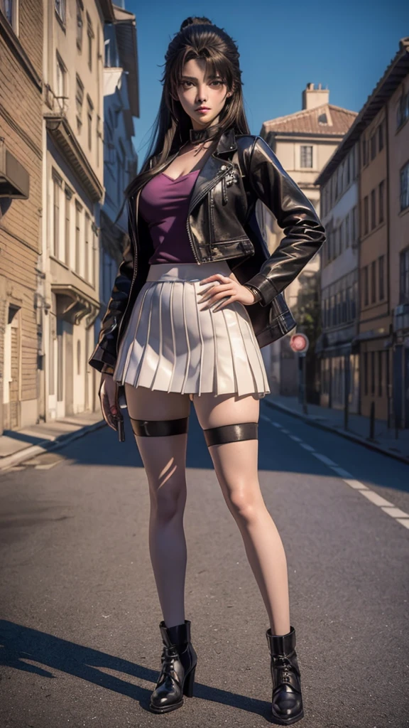 there is a woman in a skirt and a jacket posing for a picture, Surrealism female students, Surrealism female students, Realistic schoolgirl, thighhighs and skirt, photorealistic anime girl rendering, 3 d anime realistic, Smooth anime CG art, photorealistic full body, Photorealistic anime, Realistic anime 3 D style, photorealistic perfect body, wearing micro skirt and high socks