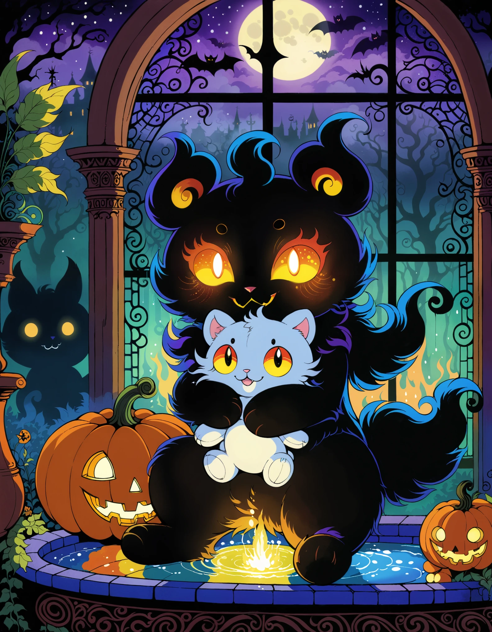 marshadow, happy, hugging plushie, sitting, glowing eyes, fluffy, BREAK, by Harry Clarke, by Louis Wain, halloween, detailed background, detailed foreground, depth of field, ambient silhouette, backlighting, hunting house, window, fountain, plant, foggy,