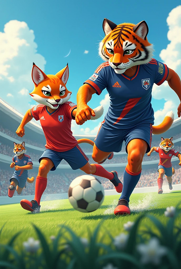 football team, an archer tiger, a fox forward and a cat midfielder. Same shirt.