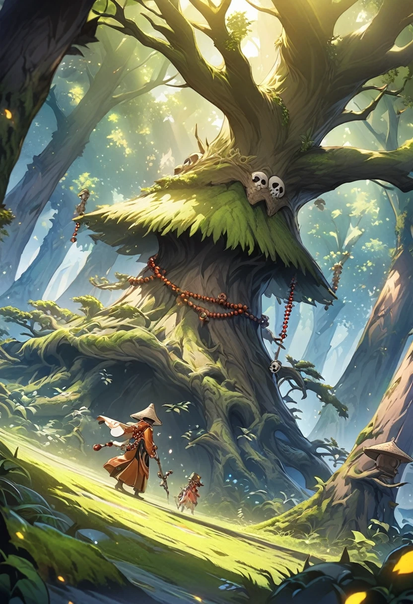 Animagine XL, anime, genshin, detailed illustration, dynamic angle, ultra-detailed, illustration, beautiful illustration, elegant illustration, dryad, treefolk, wooden skin, living tree, skull mask, dark forest, old forest, moss, wild forest, rice hat, monk, knotted gnarled staff, scrolls, prayer beads, rosary 