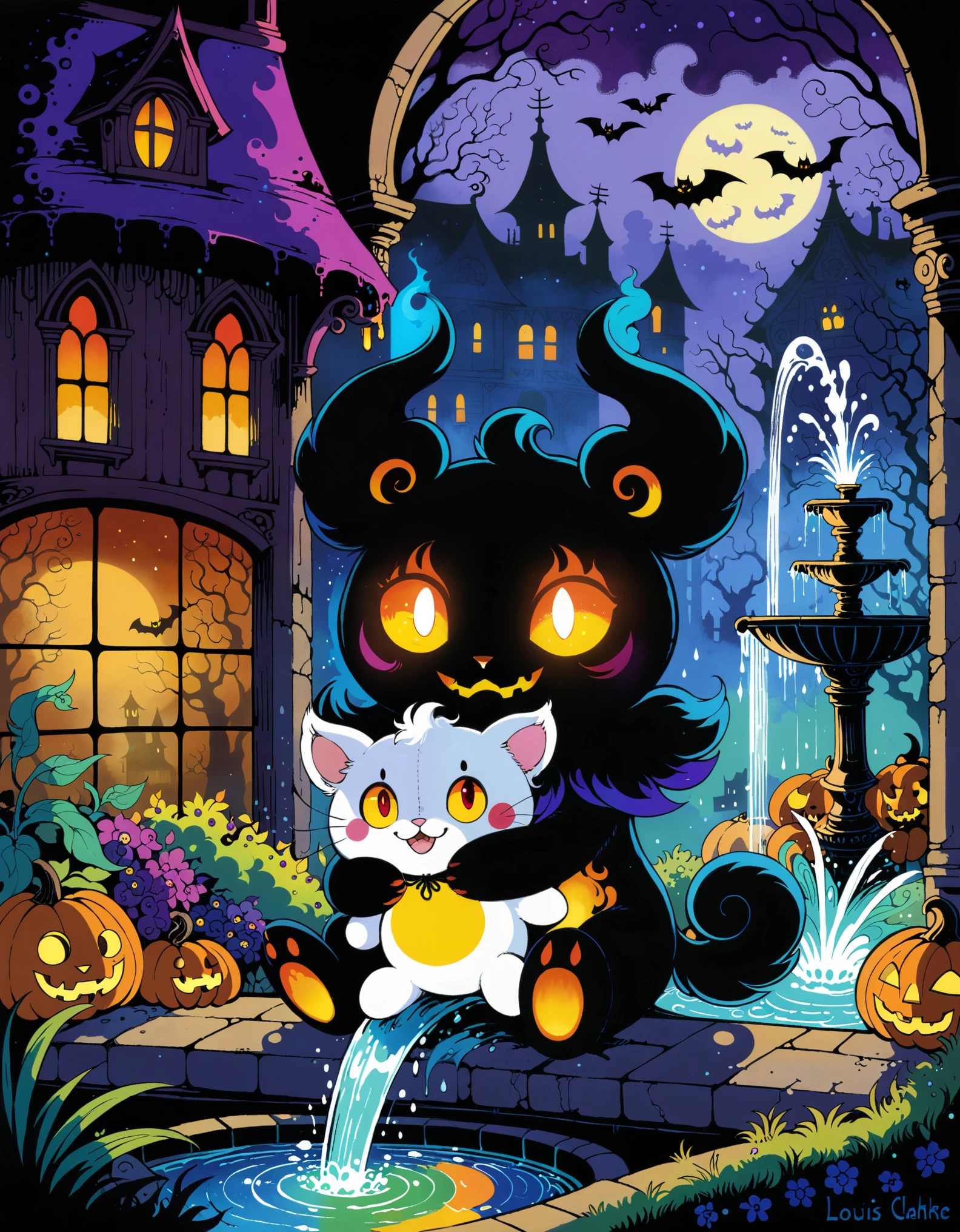 marshadow, happy, hugging plushie, sitting, glowing eyes, fluffy, BREAK, by Harry Clarke, by Louis Wain, halloween, detailed background, detailed foreground, depth of field, ambient silhouette, backlighting, hunting house, window, fountain, plant, foggy,