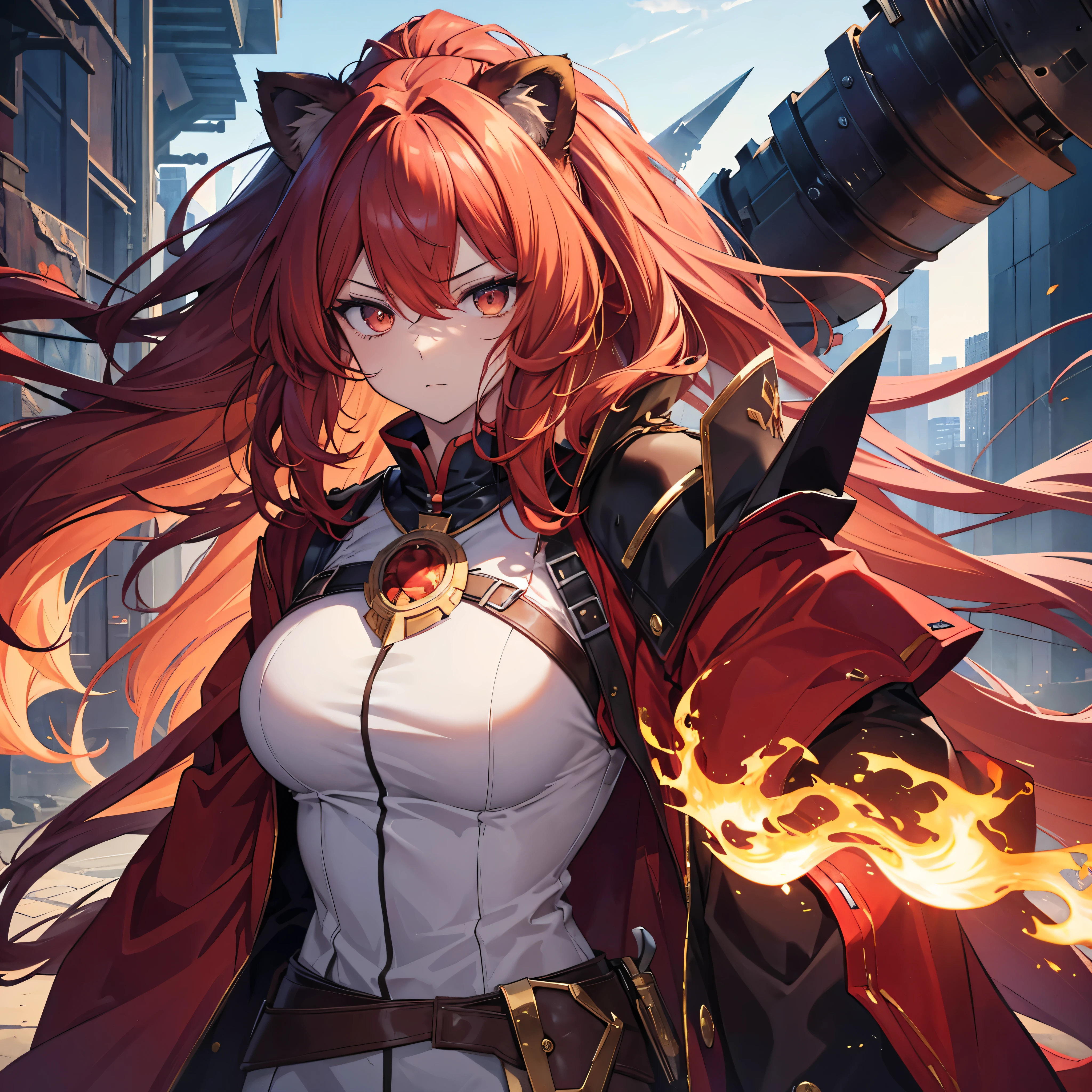 (masterpiece), best quality, expressive eyes, perfect face, aries, werebeast, hot, protector, solider, female, red hair,, guard, anime, beastial, anime, headshot, no human ears, fire, hairy bearded, warrior, massive lion mane, long and massive hair, sharp nails, red cat eyes hair covering ears