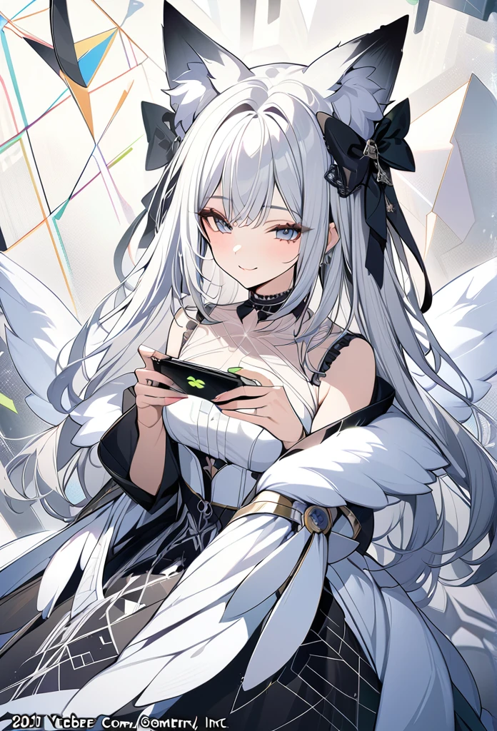 ,playing mobile game々）vtuber,  smile beauty, green clover shaped choker, (masterpiece, highest quality), official art, beautiful and aesthetic: 1.2), (1 girl), very detailed, (geometry art: 1.3), green colorful、silver white long hair、fox ear、 whole body, angel wings, white gothic lolita, playing mobile game, 