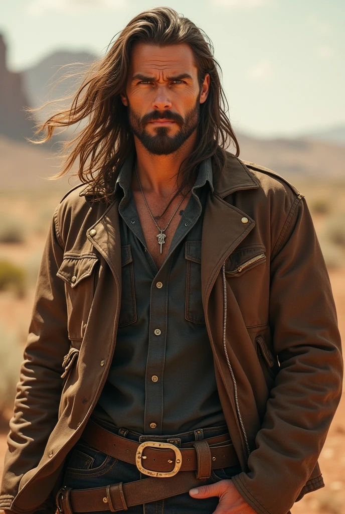 "Homem sem beard com cabelo grande e marrom, piercing brown eyes, defined jaw and striking features in the old west style."(sem beard)
sem beard