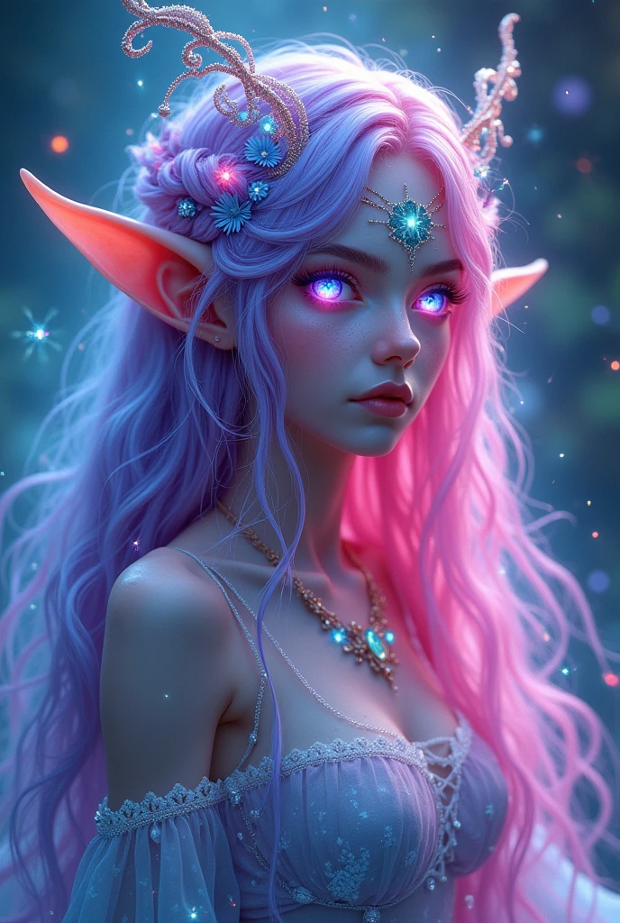 Magical elf with neon pink purple and blue hair colors and cyan and pink gradient eyes