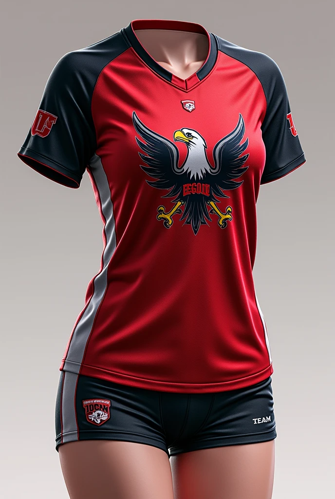 Women's volleyball sports uniform, short sleeve with colors, red, black and white, The school mascot is an eagle