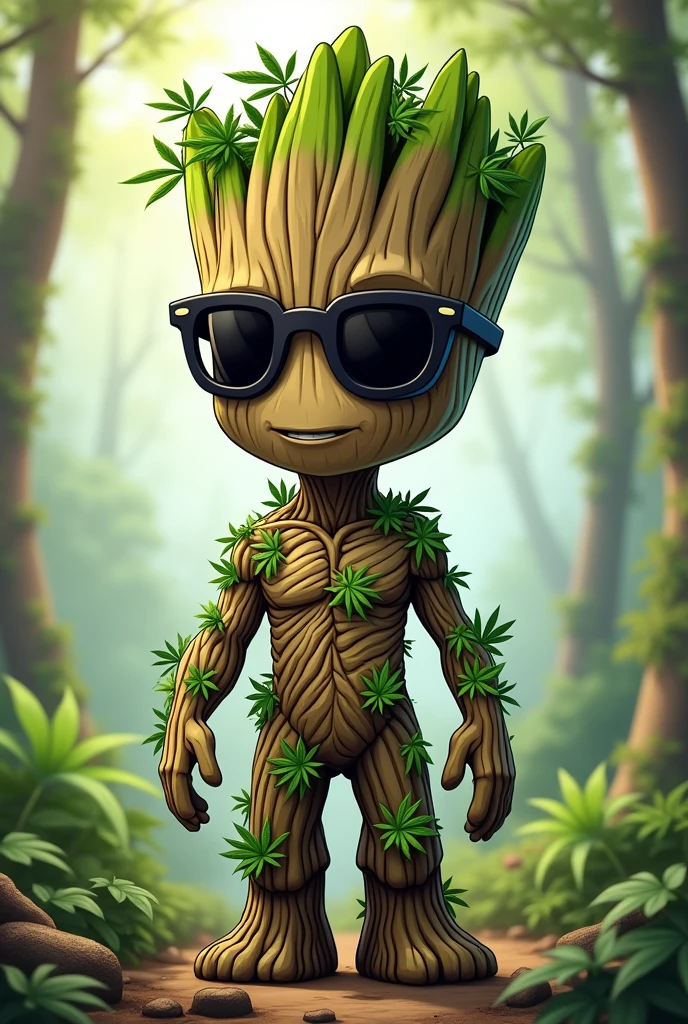 groot avec des lunettes noirs avec des petites plantes de canabis qui pousse sur lui style cartoon