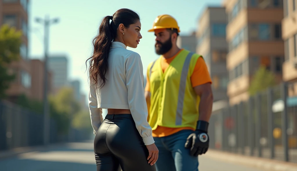 the best photo,the most realistic,Clareza 4K, latina woman ,3,White long sleeve cotton shirt ,Black leather pencil skirt. mulher de costas para o goalkeeper .goalkeeper , brawny, with beard, wearing yellow construction hat, signal vest, black boot, and jeans.