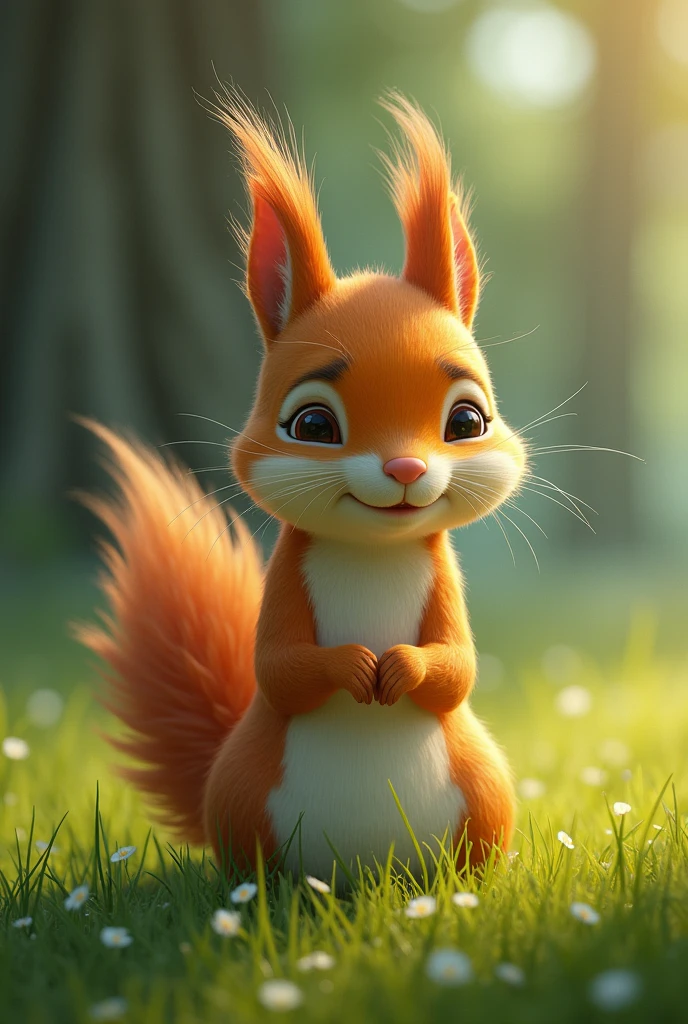 An orange male squirrel shedding tears while looking at a large tree with three leaves ,standing on the grass