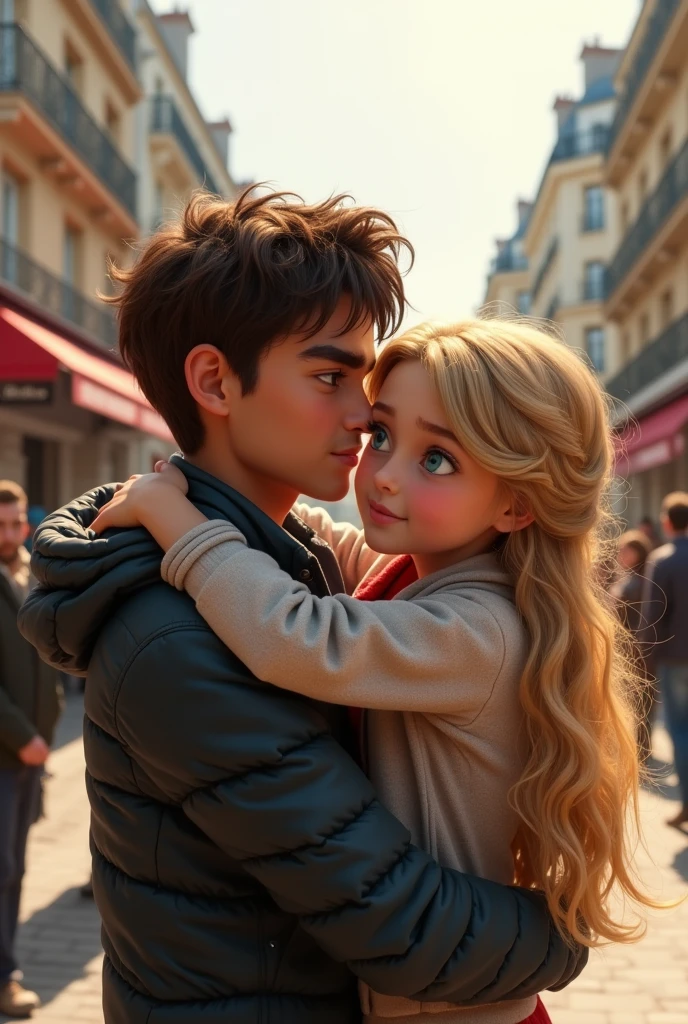 Blonde girl  blue eyes hugging her father dark brown hair and brown eyes on the streets of Paris 8k ultrarealistic photorealistic 