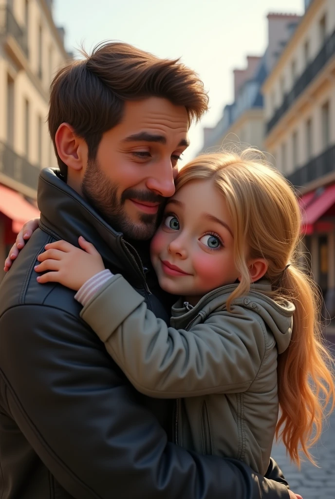 Blonde girl blue eyes hugging her father dark brown hair and brown eyes on the streets of Paris 8k ultrarealistic photorealistic