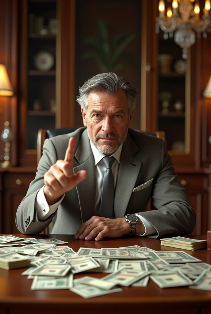 A millionaire sitting at a table with a lot of money pointing at the camera