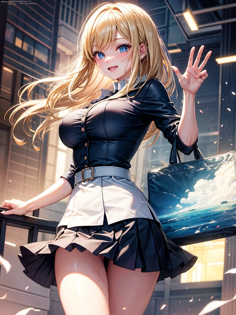 Anime style, super fine illustration, highly detailed, beautiful detailed, super pale tone image, happy expression, Lively expression, super pretty image, 8k, pretty 1girl with blonde straight short hair & blue eyes & a bright smile & full bust & soft fair skin is wearing big white business shirt not to show her skin & black tight skirt & 1business bag, on the business building morning street, in the morning, brilliant particles of lights, happy stories, solo, perfect 10 fingers, perfect arms, perfect legs, masterpiece.