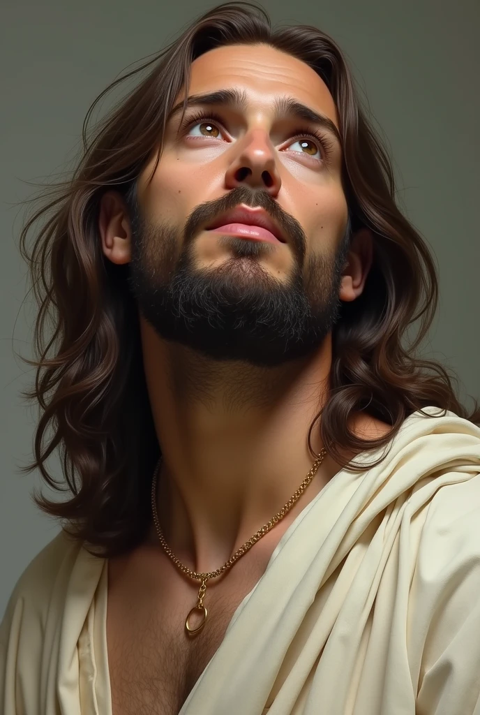 Jesus, brown eyes, looking up, slim, big hair, dressed in white robe, super realistic art style, by László Balogh, inspired by Mort Künstler, Very realistic, realistic illustration style, film scene portrait close-up, very Very realistic, Very realistic effect, hyper-realistic art