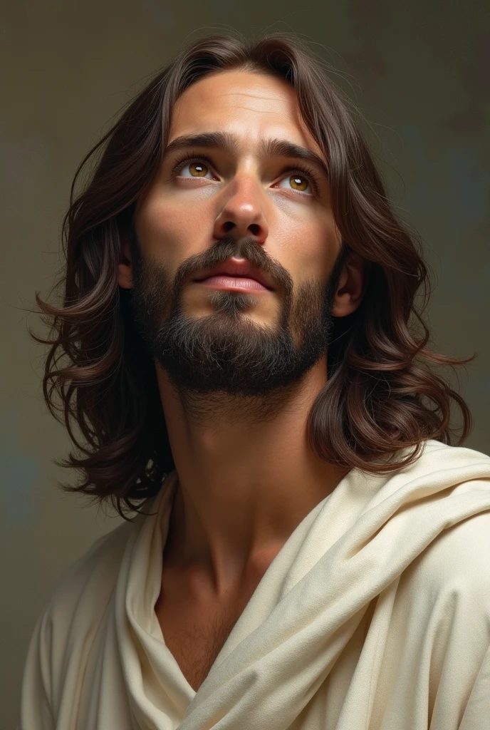 Jesus, brown eyes, looking up, slim, big hair, dressed in white robe, super realistic art style, by László Balogh, inspired by Mort Künstler, Very realistic, realistic illustration style, film scene portrait close-up, very Very realistic, Very realistic effect, hyper-realistic art