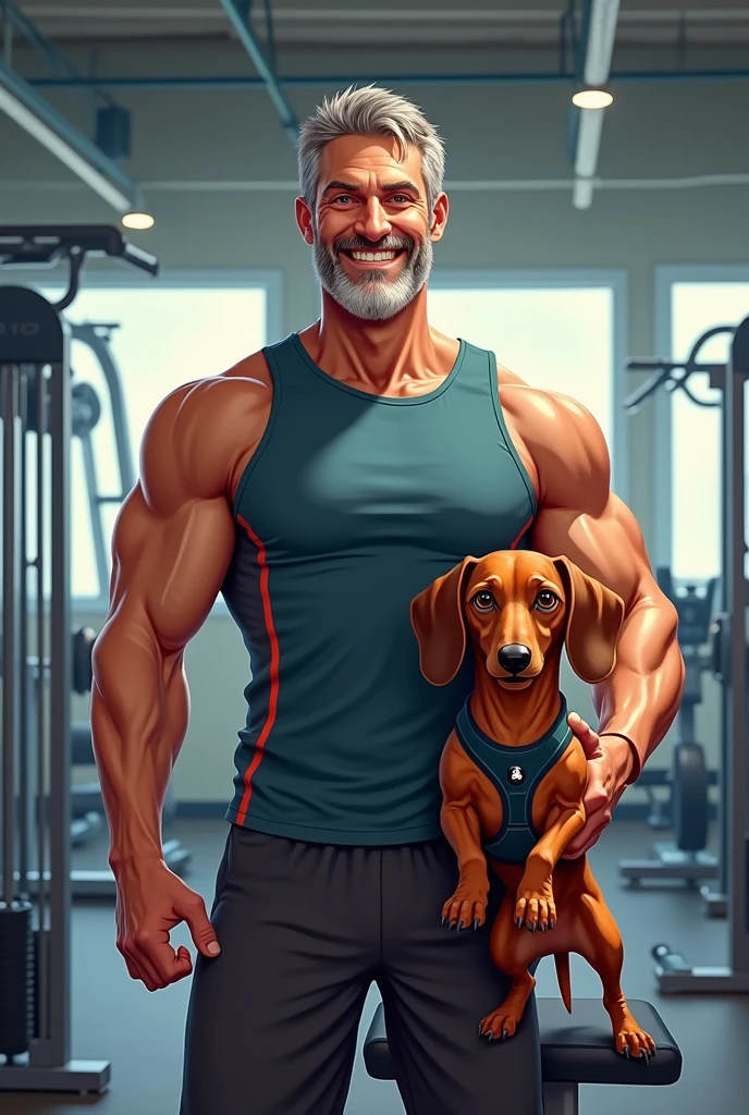 Me a guy and my furry dachshund dog at the gym 