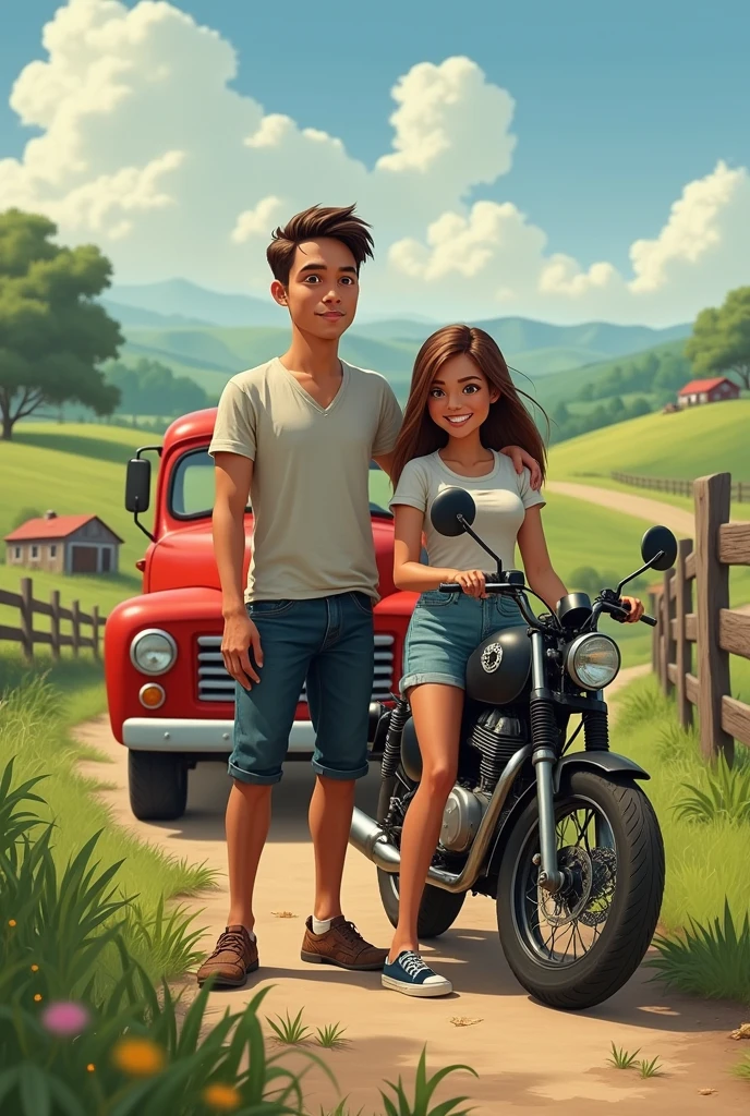 A thin young man next to a chubby young woman on a farm and a red truck and a black motorcycle