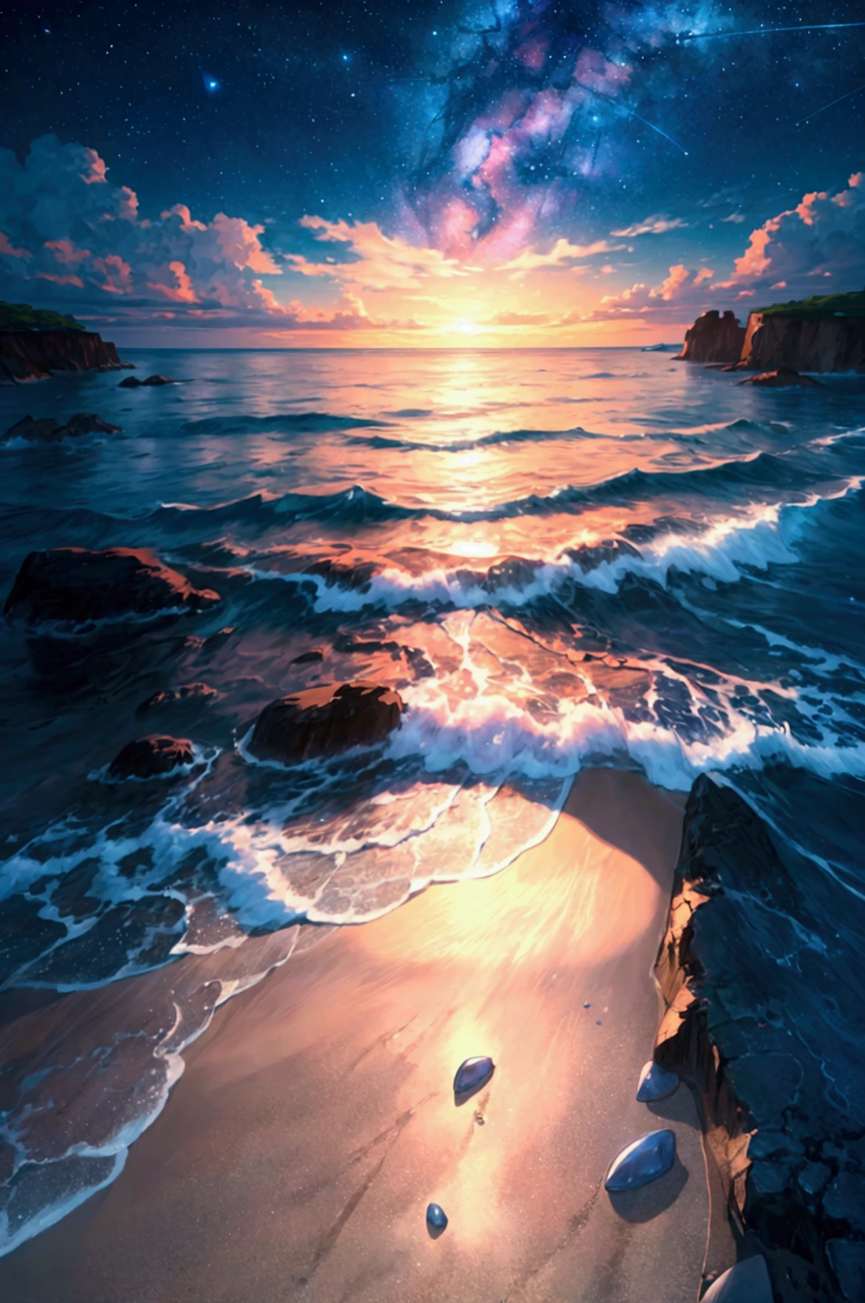 "A mesmerizing ultra-high-definition 4K anime-style digital painting showcasing a tranquil beach under a breathtaking starry night sky. The scene is bathed in the soft glow of moonlight, which reflects off the calm, crystal-clear waters lapping gently against the shore. The sand is a soft, pale hue, with delicate waves creating a subtle pattern as they meet the land. Above, the sky is a deep, velvety blue, filled with countless twinkling stars that seem to stretch infinitely into the cosmos. A few wisps of clouds drift lazily, partially obscuring a glowing crescent moon. In the distance, the ocean fades into the horizon, where the sky meets the water in a seamless blend of night’s colors. The beach is dotted with smooth, polished stones and tiny seashells that catch the light, adding a touch of magic to the serene scene. The overall atmosphere is peaceful and dreamlike, capturing the serene beauty of a quiet night by the sea, where the vastness of the universe feels close enough to touch."