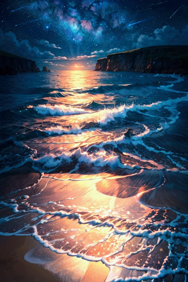 "A mesmerizing ultra-high-definition 4K anime-style digital painting showcasing a tranquil beach under a breathtaking starry night sky. The scene is bathed in the soft glow of moonlight, which reflects off the calm, crystal-clear waters lapping gently against the shore. The sand is a soft, pale hue, with delicate waves creating a subtle pattern as they meet the land. Above, the sky is a deep, velvety blue, filled with countless twinkling stars that seem to stretch infinitely into the cosmos. A few wisps of clouds drift lazily, partially obscuring a glowing crescent moon. In the distance, the ocean fades into the horizon, where the sky meets the water in a seamless blend of night’s colors. The beach is dotted with smooth, polished stones and tiny seashells that catch the light, adding a touch of magic to the serene scene. The overall atmosphere is peaceful and dreamlike, capturing the serene beauty of a quiet night by the sea, where the vastness of the universe feels close enough to touch."