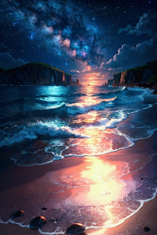 "A mesmerizing ultra-high-definition 4K anime-style digital painting showcasing a tranquil beach under a breathtaking starry night sky. The scene is bathed in the soft glow of moonlight, which reflects off the calm, crystal-clear waters lapping gently against the shore. The sand is a soft, pale hue, with delicate waves creating a subtle pattern as they meet the land. Above, the sky is a deep, velvety blue, filled with countless twinkling stars that seem to stretch infinitely into the cosmos. A few wisps of clouds drift lazily, partially obscuring a glowing crescent moon. In the distance, the ocean fades into the horizon, where the sky meets the water in a seamless blend of night’s colors. The beach is dotted with smooth, polished stones and tiny seashells that catch the light, adding a touch of magic to the serene scene. The overall atmosphere is peaceful and dreamlike, capturing the serene beauty of a quiet night by the sea, where the vastness of the universe feels close enough to touch."