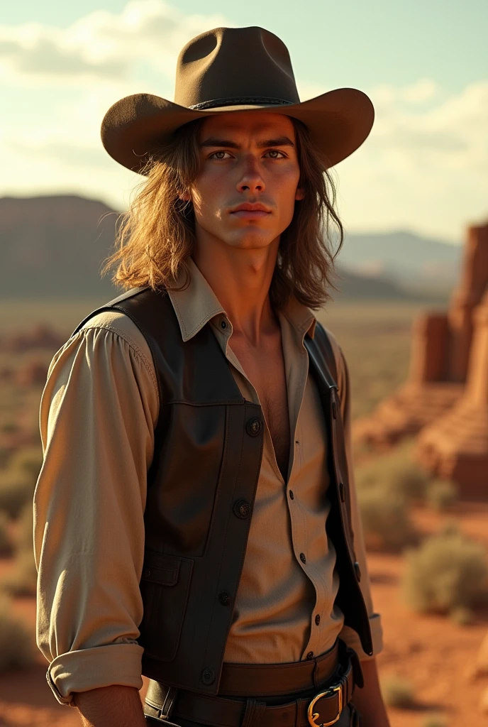 "Jovem de 18 anos sem beard com cabelo grande e marrom, piercing brown eyes, defined jaw and striking features in the old west style."(sem beard)
sem beard