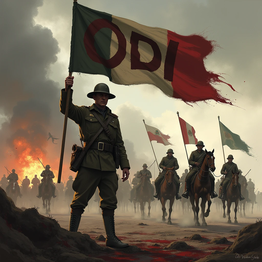 Soldier holding flag with ODI in capital letters, in a war atmosphere with gloomy soldiers from the First World War behind, horses with flags of Hispanic countries and weapons, blood and explosions