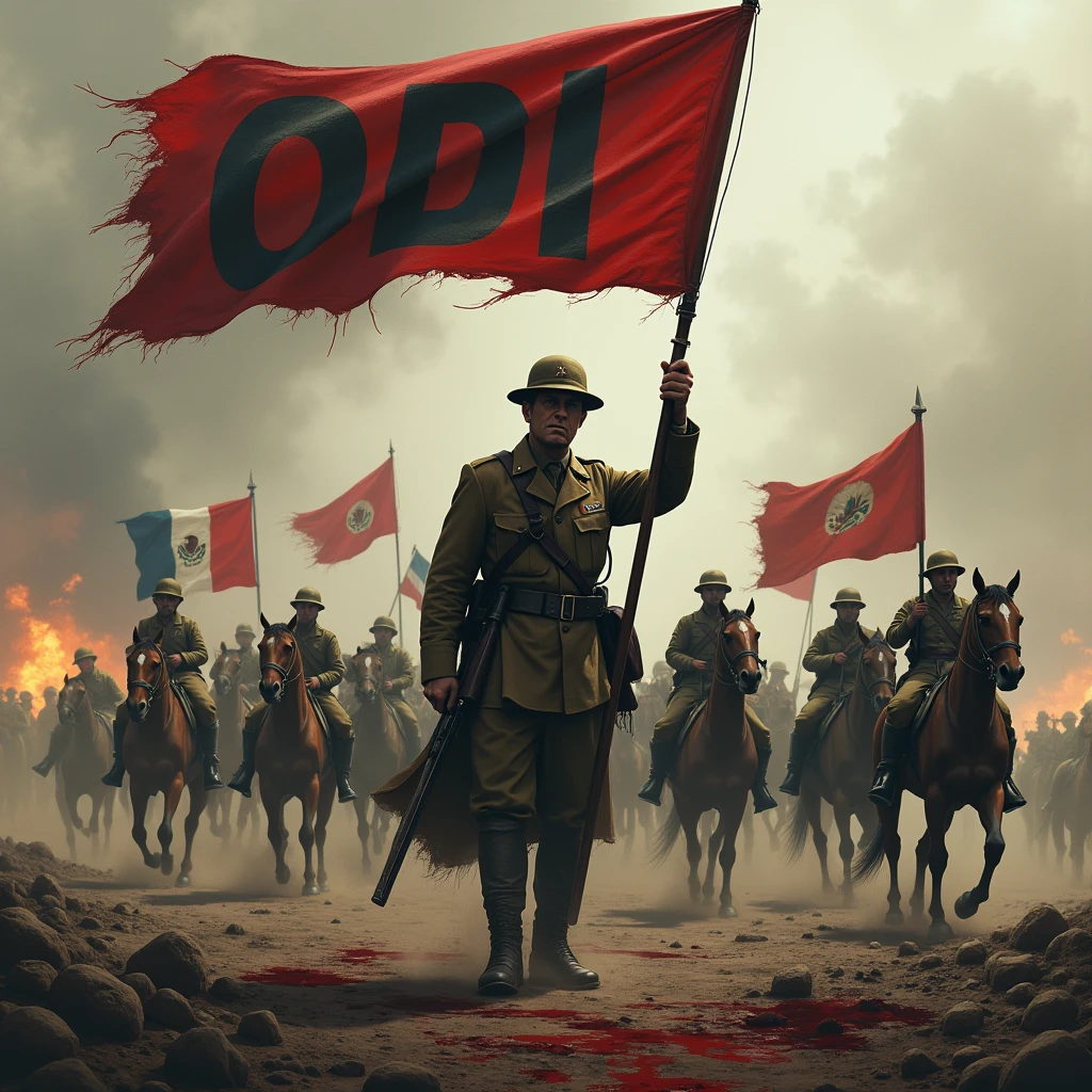 Soldier holding flag with ODI in capital letters, in a war atmosphere with gloomy soldiers from the First World War behind, horses with flags of Hispanic countries and weapons, blood and explosions