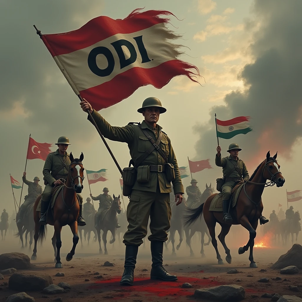 Soldier holding flag with ODI in capital letters, in a war atmosphere with gloomy soldiers from the First World War behind, horses with flags of Hispanic countries and weapons, blood and explosions