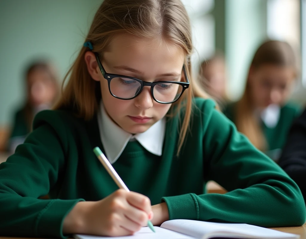 Developing cultural and intellectual skills, education according to the curricula prescribed for students , receiving information in the classroom, a close-up picture of a swedish student with glases wearing a green uniform sitting on a school desk, performing school assignments