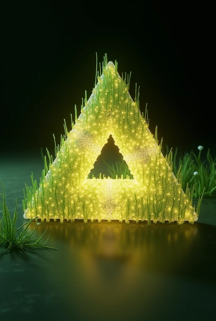 
Detailed view of triangle shaped object on dark background. The design includes triangular elements with a soft, with a golden-green glow, reminiscent of illuminated blades of grass, forming a perfectly symmetrical pattern. This computer generated image highlights the natural, organic feel with precise lighting, creating a central triangular formation, which demonstrates the golden fractal Sierpinski, harmoniously combined with the texture of the grass.