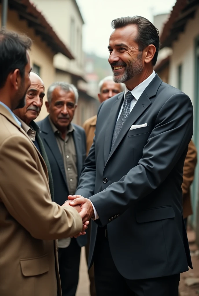 Create a video of a man in a suit shaking hands with poor people