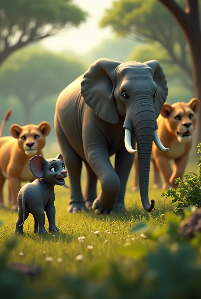 In3d animation a young elephant
The calm scene is interrupted as a group of lions emerge from the bushes, their predatory eyes fixed on Mali. The lions crouch, preparing to circle, while Tara notices the threat first.scary point
