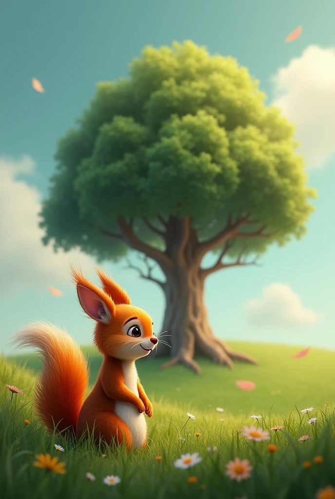 An orange male squirrel shedding tears while looking at a large tree with three leaves ,standing on the grass