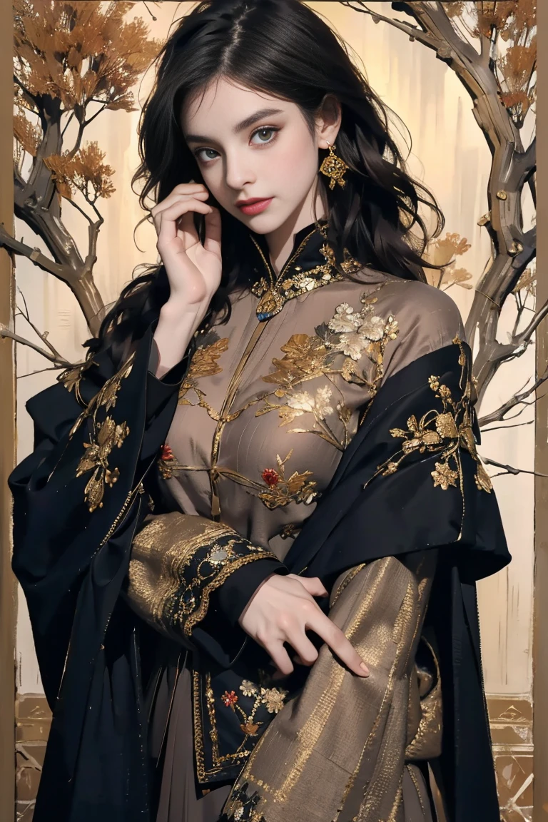 (masterpiece:1.2, best quality), (Vogue magazine cover), "Timeless Shadows" collection, layered cardigans with asymmetrical hemlines, intricate knit patterns, deep charcoal wool blend, (wearing a long, open-front cardigan over a simple dress, symbolic gold embroidery on the sleeves and back), (background of soft, shadowy forest with beams of light filtering through), (exuding an air of mystery and elegance)