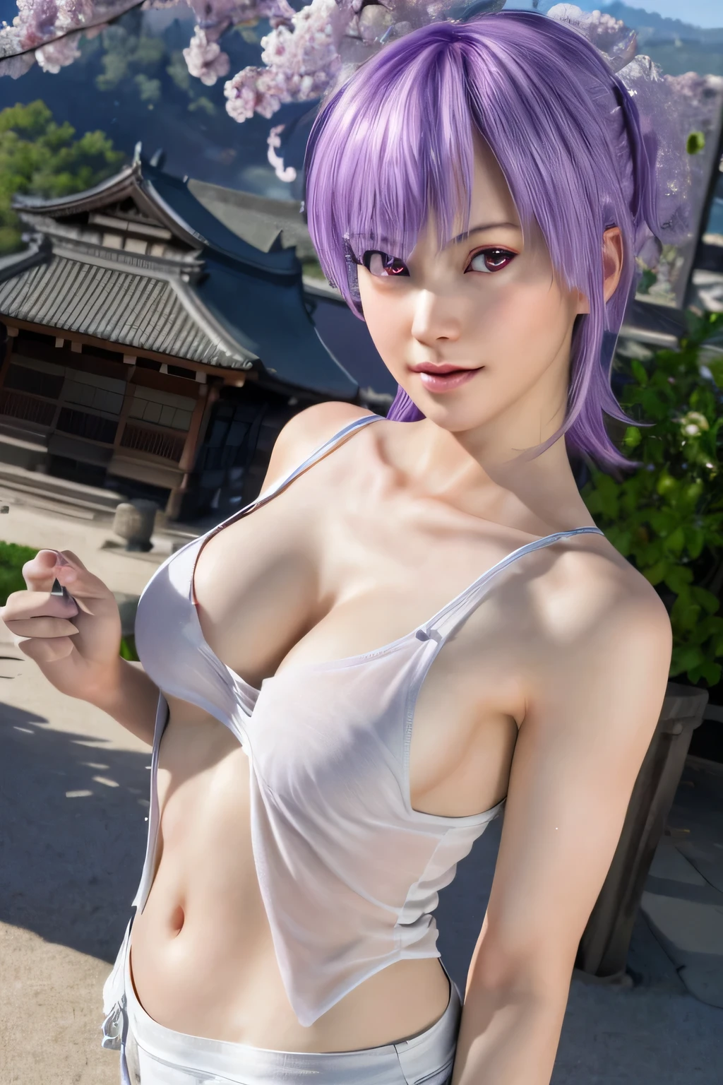 Ayane, casual, beautiful, Himeji castle, Tank top, String,(Very detailedbeautiful顔),View your viewers, Cowboy Shot,(Highest quality,masterpiece:1.0),Absurd,High resolution,Very detailed,Very detailed,32K,8k resolution, Intricate details,Movie Scenes,Detailed Background,alone,Dynamic Angle, Realistic,((naked))