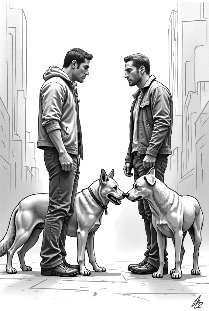 Gamboa and Fernández de la Ciudad and the dogs at odds, Tense glances and defiant gestures (Black and white hand drawn drawing, easy and simple to draw)