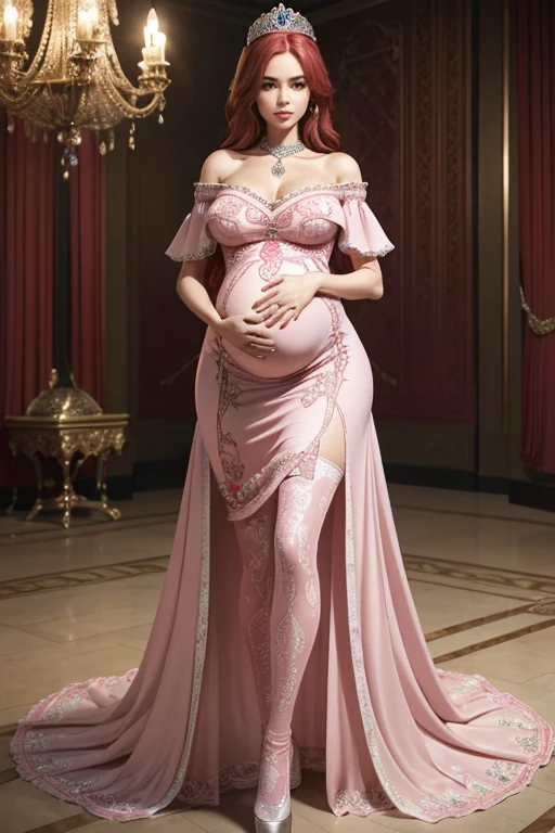 8k, masterpiece, very realistic, Full body (Sexy pregnant queen 1.2), happy, very slim waist, slim thighs, (elaborate detailed tight embroidered folded off shoulder pink dress,) long straight flowing red hair, (elaborate detailed patterned stockings), medium breasts, pregnant, (curved back 1.2), silver tiara with an emerald gem, bright