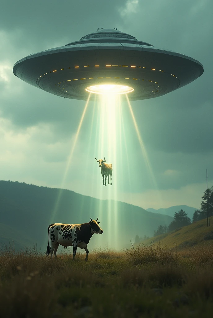 A ship abducting a cow in a mysterious air