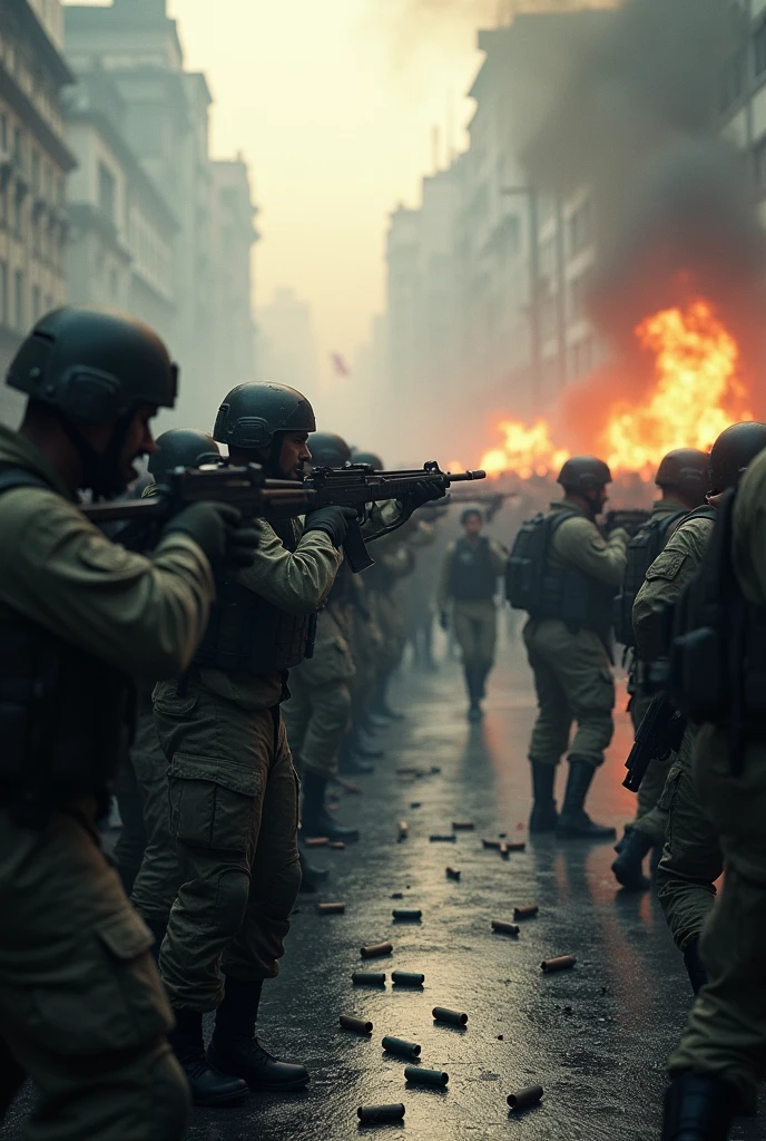 a group of soldiers firing weapons at a crowd of protesters, bodies of protesters lying wounded on the ground, smoke, chaos, war, photorealistic, cinematic, dramatic lighting, gritty, intense, high contrast, muted colors