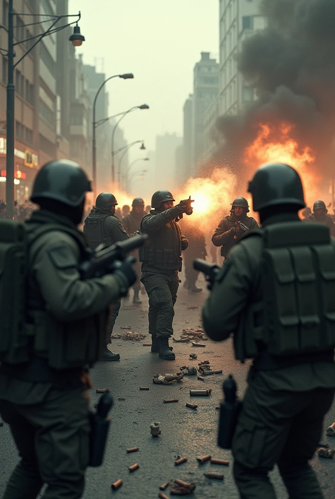 a group of soldiers firing weapons at a crowd of protesters, bodies of protesters lying wounded on the ground, smoke, chaos, war, photorealistic, cinematic, dramatic lighting, gritty, intense, high contrast, muted colors
