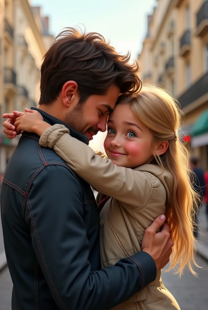 Blonde girl blue eyes hugging her father dark brown hair and brown eyes on the streets of Paris 8k ultrarealistic photorealistic